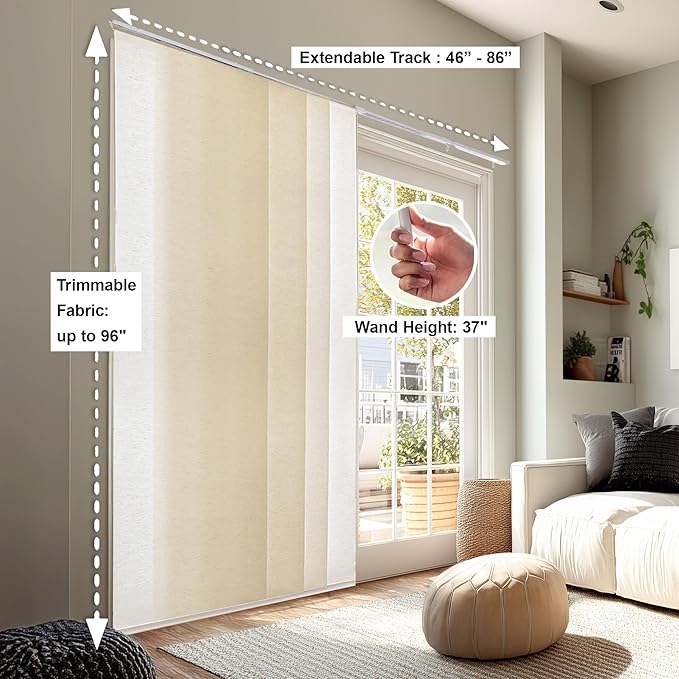 CHICOLOGY Panel Track Blinds for Sliding Glass Door & Patio Door, Embossed Textured Weave Fabric Room Divider, Country Ivory Light Filtering, 4 x 23 Panels, Adjustable Track 46-86", Trim H to 96"