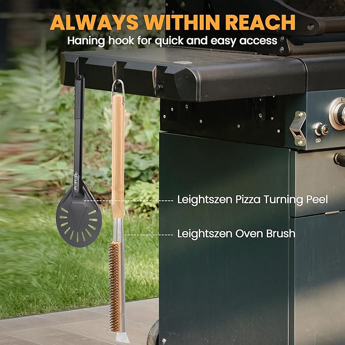 21'' Pizza Brush with Stainless Steel Stone Scraper - Brass Bristles - Wood Handle - Hanging Ring - Outdoor Pizza Oven Accessory - Compatible with Ooni, Gozney, Blackstone, Solo Stove Ovens