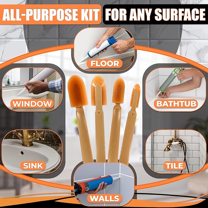 Caulking Tool Kit – 4 PCs Flexible Silicone Caulk Tool Set, Assorted Sizes Caulking Spatula Set for Smooth Professional Seal Lines – Non-Scratch Finish for Bathroom, Kitchen, Windows Repairs Projects