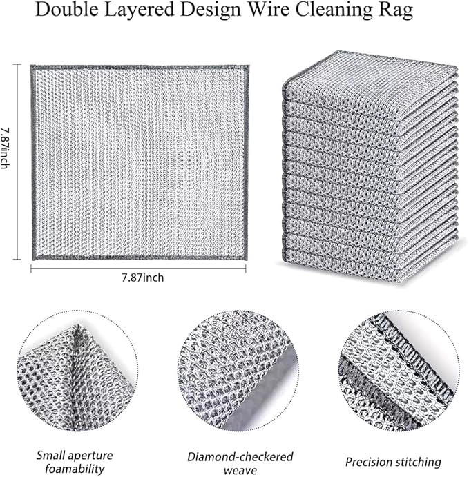 10 PCS Double Layer Stainless Steel Cleaning Cloth Non Scratch Steel Mesh Dishwashing Cloths 20x20 cm Quick Dry Two Layer Metallic Wire Dish Cleaning Rag Towel for Kitchen Dish Sink Stove Top