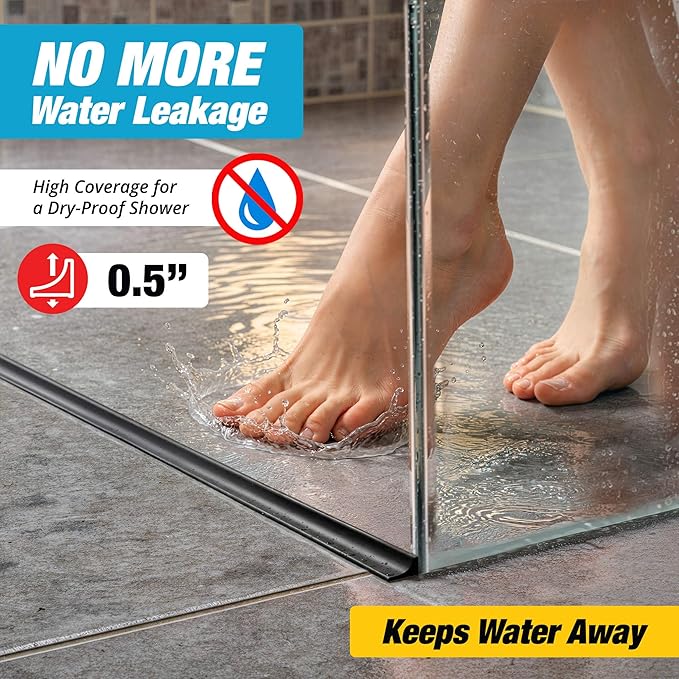 Shower Threshold Water Dam Barrier 67" - Black Collapsible Walk in Shower Water Guard - Door Bottom Seal Strip Leak Guard by Hippo Dam
