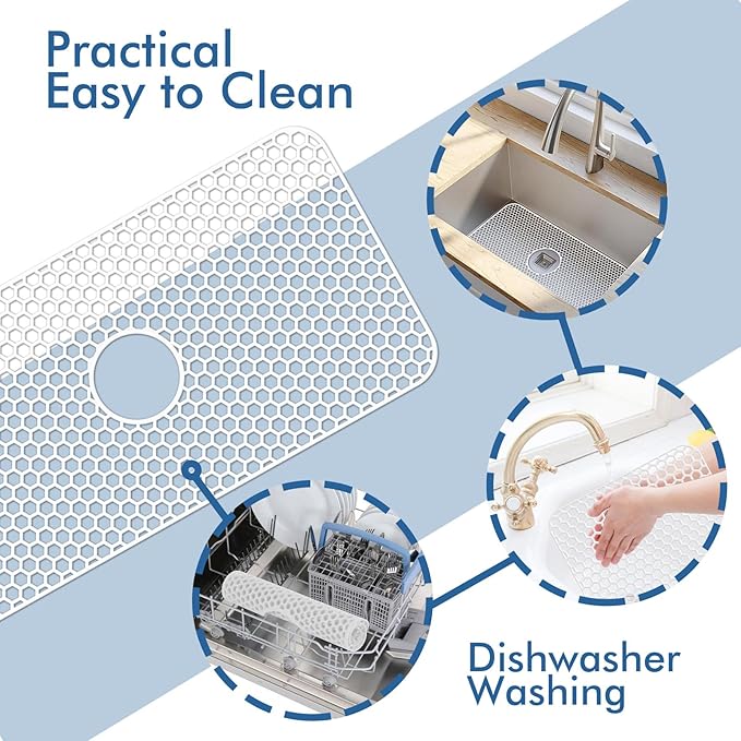 Silicone Sink Protectors for Kitchen Sink with Center Drain - 29.7"x 15.5" Kitchen Protector Accessory, Non-Slip Heat Resistan Mat for Bottom of Farmhouse Stainless Steel Porcelain (White)