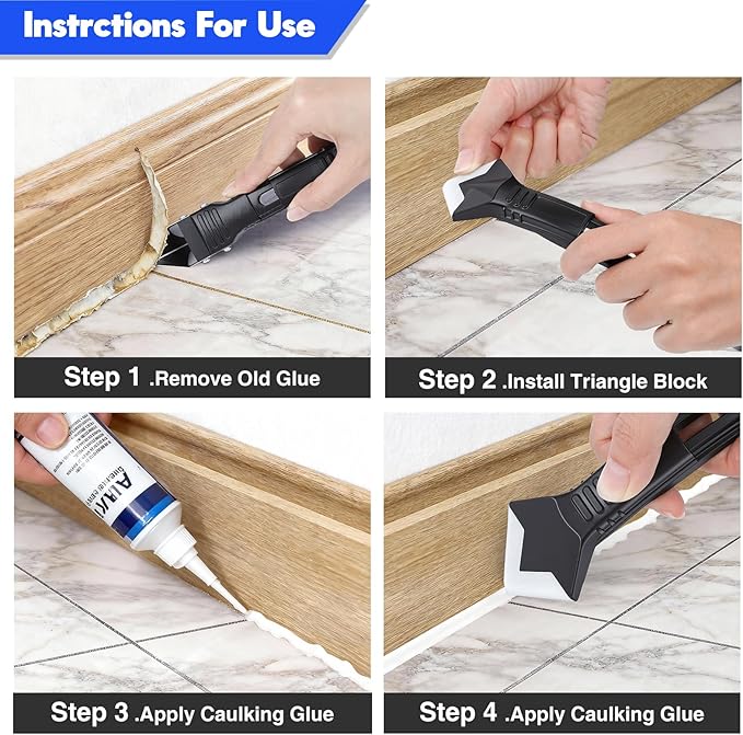 3 in 1 Silicone Caulking Tools, Glass Glue Angle Scraper, Stainless Steelhead Caulk Remover and Sealant Scraper, for Kitchen Bathroom Window and Frames Sealant Seals