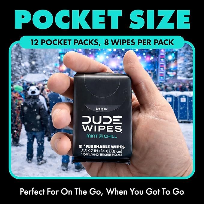 DUDE Wipes Mint Chill Pocket Packs - Travel Wipes - 12 Packs of 8 (96 Count) - On-The-Go Adult Flushable Wipes - Infused with Tea Tree Oil, Vitamin E, and Aloe - Septic and Sewer Safe