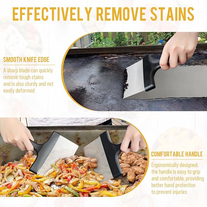 Heavy Duty Grill Scraper Stainless Steel Griddle Scraper with 5 Inches Handle,Sturdy Food Scraper Tool Kitchen for Blackstone Grill Accessories,Outdoor Barbecue Turners Tools (Black 2 Pcs)
