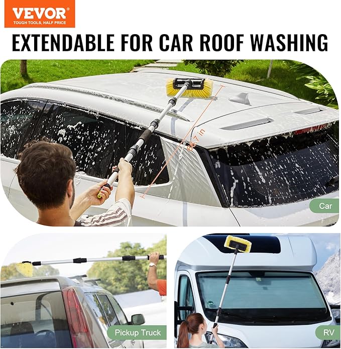VEVOR Car Wash Brush, 66.7-Inch Extendable Car Washing Brush with Long Handle, 12" Scratch-Free Soft PVC Bristle Head, Flow-Thru Car Cleaning Mop Kit with Water Hose Attachment for Car RV Boat