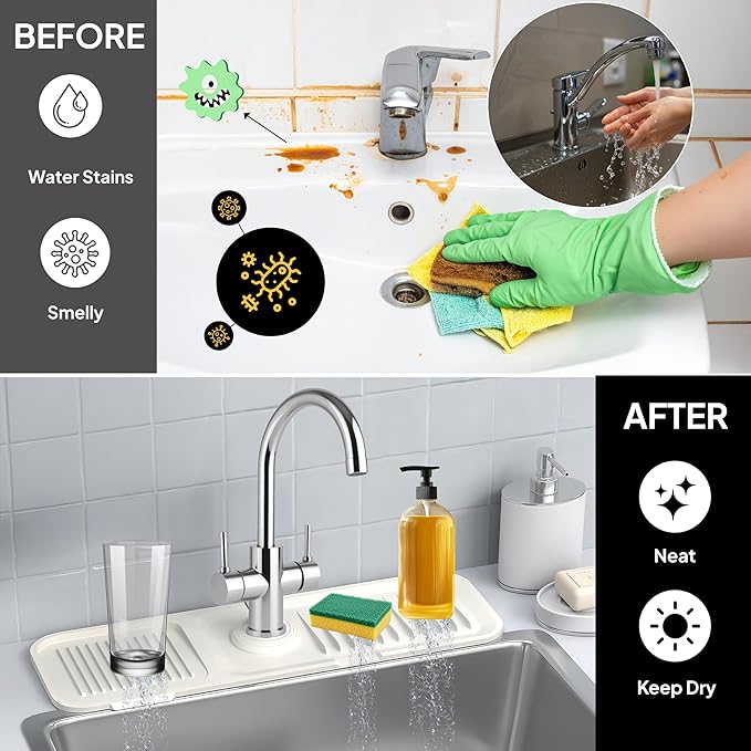 17 Inch Silicone Faucet Mat for Kitchen Sink Splash Guard & Draining Tray Sink Protector with Soap & Sponge Holder White (Purest Peak)