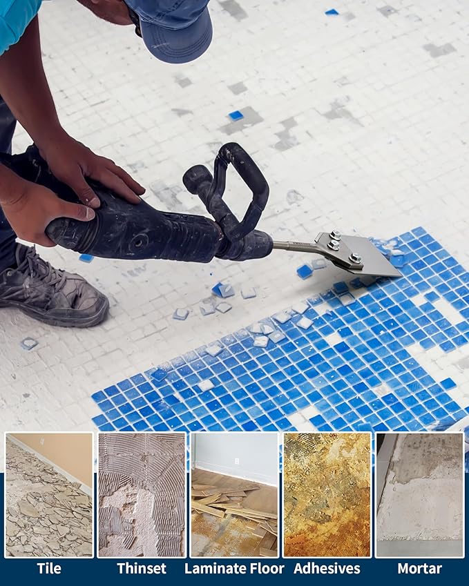 SDS Plus Floor Scraper with 2pcs Replaceable Blades, Firecore 4 Inch wide Thinset Removal Chisel Bits for SDS Plus Rotary Hammer Drill Power Tool, Flat Steel Shovel Tile Ceramic Vinyl Adhesive Remover