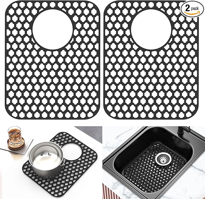 2 Pack Silicone Sink Protector for Kitchen Sink, 13.58" x 11.6" Heat-resistant Sink Mat Non-Slip and Durable Silicone Protectors, Rear Drain, Black