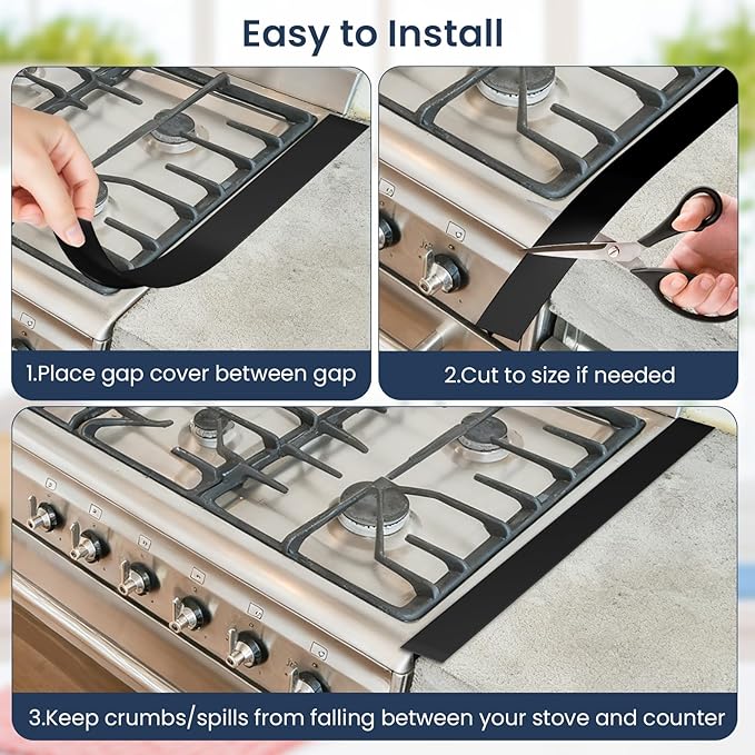 Silicone Stove Gap Covers (2Pack 25 Inches), Heat Resistant Oven Gap Filler Seals Gaps Between Stovetop and Counter, Easy to Clean Stove Gap Guard, Black
