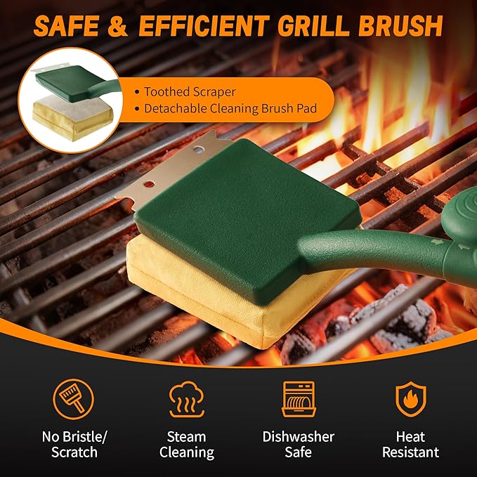 Grill Brush Bristle Free, BBQ Replaceable Cleaning Head, Safe Barbecue Grill Cleaner, with Seamless Fit Scraper Tool for Cast Iron, Stainless-Steel Grates - Green