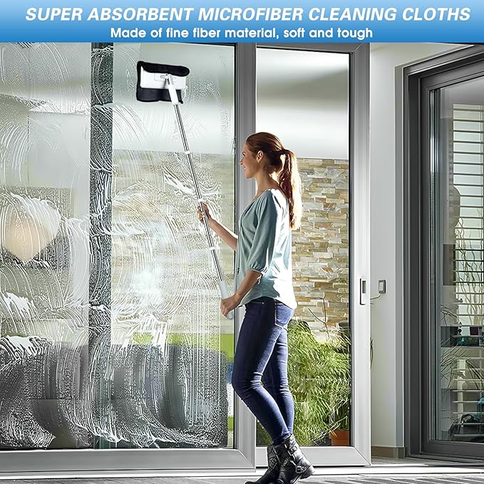 4 in 1 Disposable Dust Mop with Squeegee & Floor Scrub Brush with Long Handle, 2 Shiny Towels Wipes Cleaning Cloths, 2 Crevice Brush, Snap Grip Mini Mop for Windows Car Glass Floor Shower Bathroom