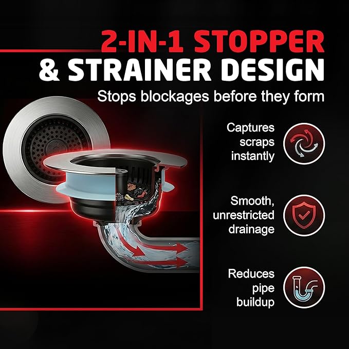 SinkShroom Kitchen Sink Drain Strainer, 2-in-1 Pop-Up Sink Stopper & Strainer with Removable Anti-Clog Basket, 304 Stainless Steel, Fits 3"-3.4" US Standard Drains, Easy Clean Food Catcher