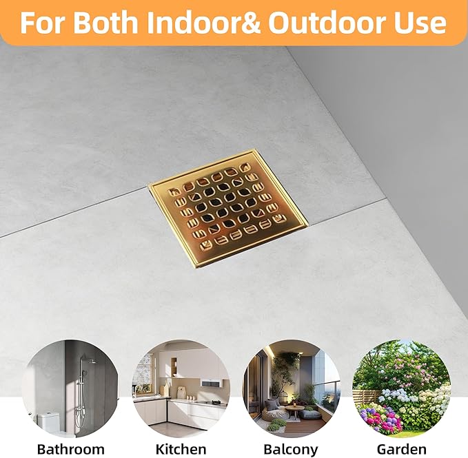 Square Shower Drain, 4-Inch Polished Gold Kit with Bonding Flange, Removable Stainless Steel Grate, Drain Key & Hair Strainer, Fits 2" & 3" Pipes for Tiled Floors