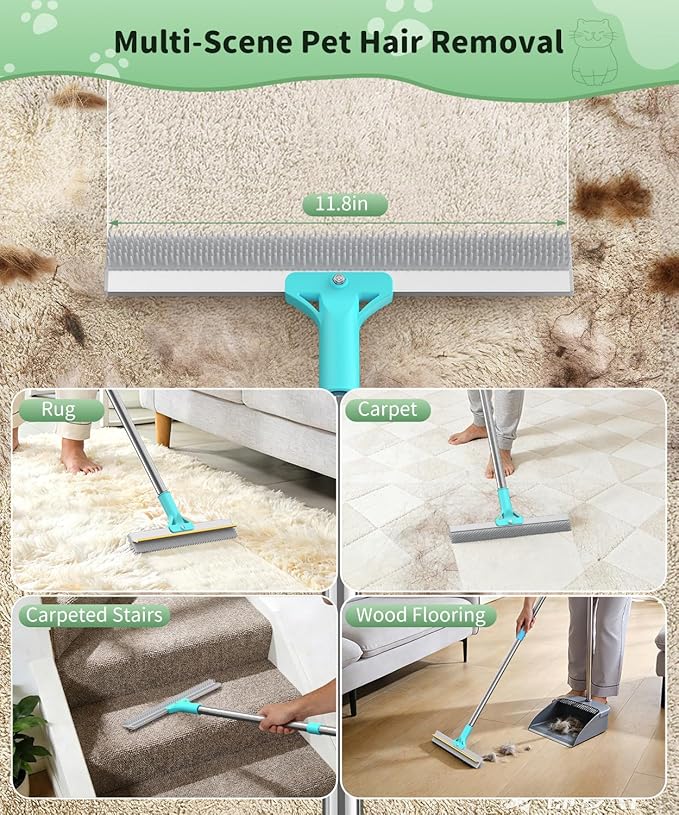 Carpet Rake for Pet Hair Removal, Reusable Carpet Rake, Pet Hair Removal Broom with Extra-Long Thickened Brush, 54" Adjustable Handle, 3 Pcs Pet Hair Removal Tool for Carpet, Sofa & Stairs