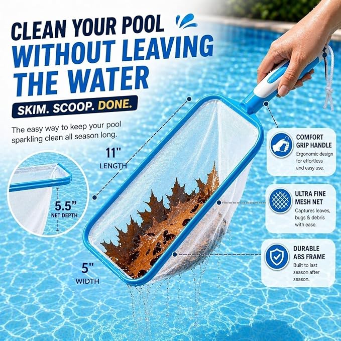 The Skimmie Neptune Net & Swim-N-Scoop Fine Mesh Pool Skimmer Nets Deep-Bag Leaf Rakes for Pools, Spas, Fountains & Cold Plunges Handheld Skimmers for Surface and Floor Cleaning. *Pole NOT Included