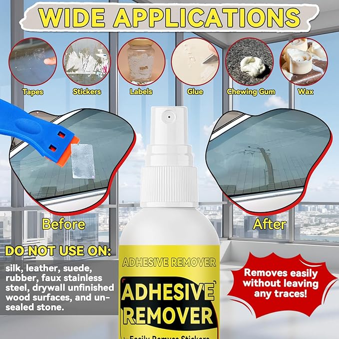 Adhesive Remover, Multipurpose Sticker and Label Cleaner, Surface-Safe Glue Remover with Plastic Scraper, Quickly Removes Decals, Tape Residue, Gum, Tar and Grease, 4.06 fl oz