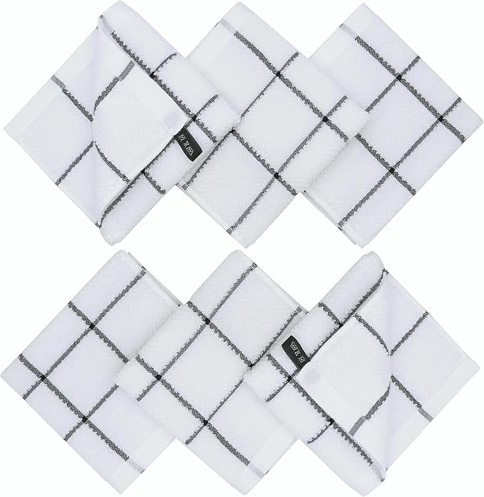 Cotton Dish Towels for Kitchen, Thick Terry Dish Rags 6 Pack, Absorben Dish Cloths for Washing Dishes,13 x 13 in, Soft Kitchen Washcloths Hand Towels (Black Grid)