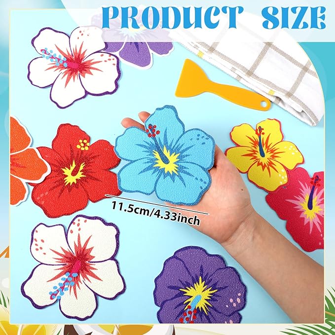 24 Pcs Hawaiian Flowers Non Slip Bathtub Sticker Summer Skidproof Shower Sticker Anti Slip Shower Decal Bathe Treads Adhesive Appliques Scraper Bright Flower Decal for Bathroom Decor