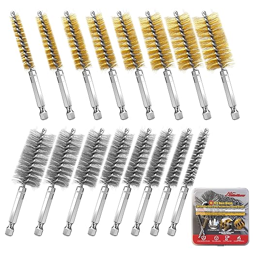 16 Pcs Wire Brush Set for Drills, Stainless Steel and Brass Bore Cleaning Brushes with 1/4" Hex Shank, Compatible with Power Drills, Grinders, and Impact Drivers (8-25mm)