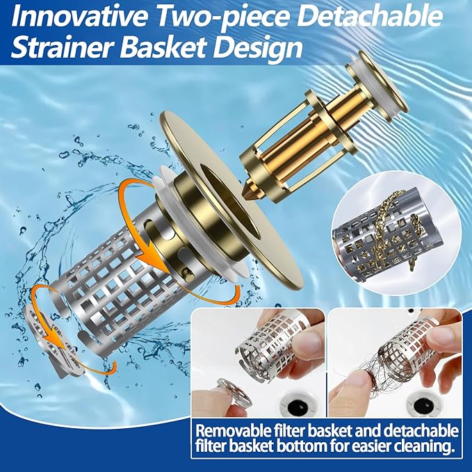 Bathroom Sink Drain Strainer, Stainless Steel Pop-up Strainer Basket Hair Catcher with Removable Basket, Brass Bullet Core, Universal Fit 1.1-2.36 Inch (Brushed Gold (2PCS))