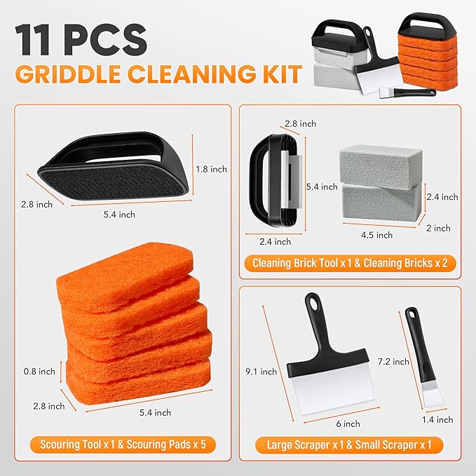 Griddle Cleaning Kit for Blackstone, Flat Top Grill Cleaning Kit with Griddle Scraper, Grill Brick, Scouring Pads & Ergonomic Handles to Remove Grease, Burnt Residue (11 PCS)
