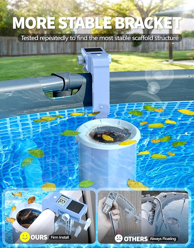 BluSwim Above Ground Pool Skimmer with Solar Digital Thermometer | Wall Mount Surface Skimmer - Auto Skimming Pool Floating Debris | 2 Upgraded Bracket - Stable & Height Adjustable - Purple