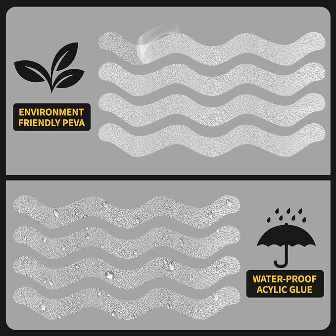 20-Pack Clear Bathtub Stickers Non-Slip, Wave-Shaped Shower Decals with Scraper, Peel-and-Stick Tub Treads for Kids & Elders, Removable, No-Residue, 7.8"x0.8" Each