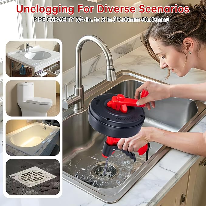 Drain Snake Hair Drain Clog Remover,SEVVETROOL Plumbing Drain Auger Snake Drill Attachment Toilet Snake Auger for Bathroom Kitchen Tub Shower Drain Clog Remover with Gloves(33ft/10M)