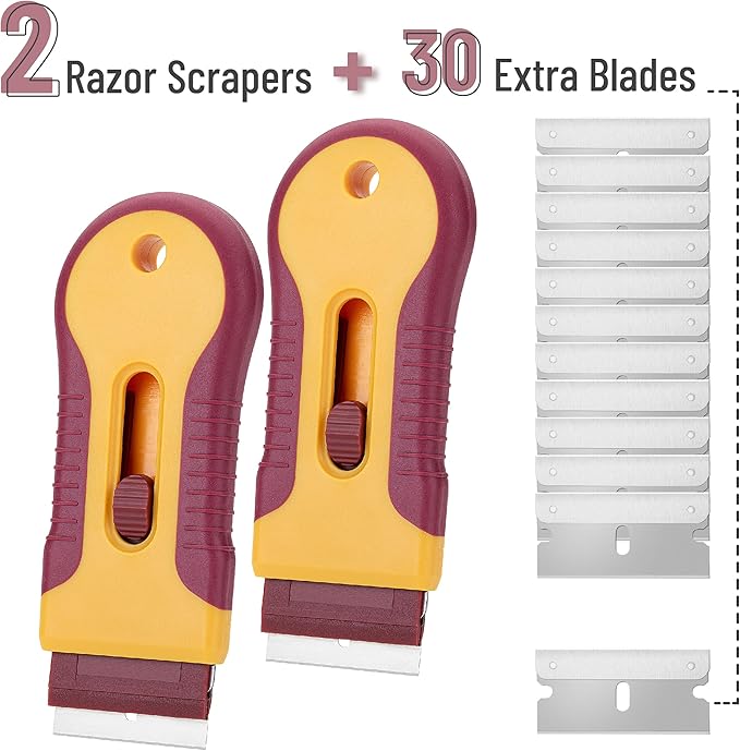Bates- Razor Blade Scraper Tool, 2 Pack, 30 Extra Steel Blades, Anti-Slip Ergonomic Handle Design, Razor Scraper Set for Cleaning Window, Paint, Oven, Glass, Stove