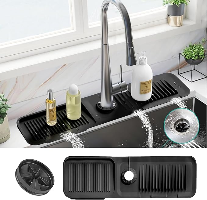 Faucet Mat for Kitchen Sink - Kitchen Sink Splash Guard with FREE Rubber Drain Insert - 18 Inch Faucet Guard Draining Mat, Faucet Mat Dish Soap Sponge Holder for Kitchen Sink Accessories