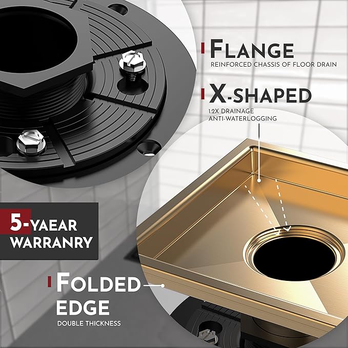 WEBANG 6 Inch Square Shower Floor Drain with Flange,Quadrato Pattern Grate Removable,Food-Grade SUS 304 Stainless Steel,Watermark&CUPC Certified,Champagne Bronze