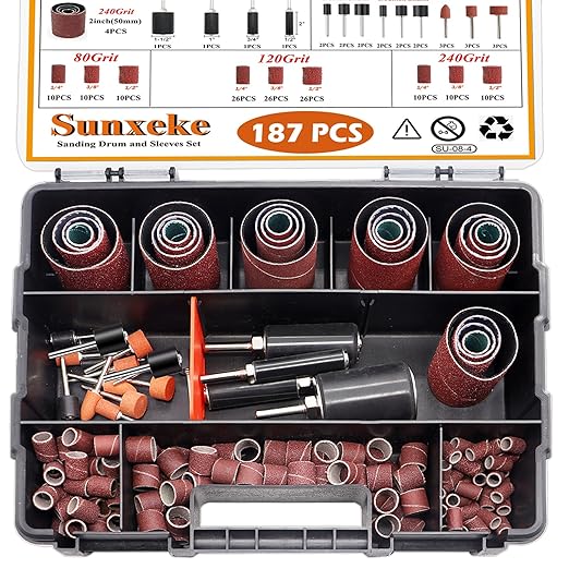 187-Piece Sanding Drum Kit for Drill & Drill Press – Includes 2inch Spindle Sander Sleeves (60/80/120/240 Grit), 4 Rubber Sanding Drums, 1/4-Inch Shank,Versatile Sander Accessory with Box