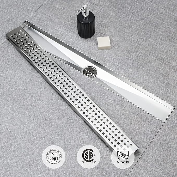 SaniteModar Shower Drain, 20 inch Linear Shower Drain with Removable Square Hole Panel, AISI 304 Stainless Steel Brushed Shower Floor Linear Drain with Adjustable Feet and Hair Strainer