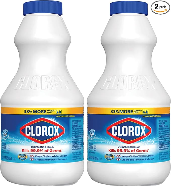 Clorox Regular Disinfecting Bleach Cleaner, 2 Pack Concentrated Liquid Bleach, Removes Mold, Mildew and Stains, Whitens, for Multi Purpose Cleaning and Laundry, 24 oz Bottles