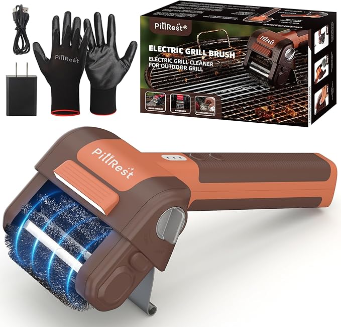 Electric Grill Brush, Cordless Rechargeable Grill Cleaner with LED Light - 950 RPM Spinning 304 Stainless Steel Head, Cool Fathers Day BBQ Accessories Gifts for Husband Dad Boyfriend Son or Brother