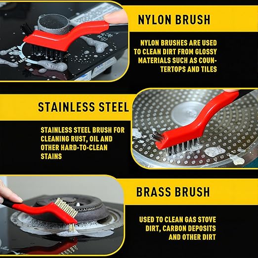 6-Piece Heavy-Duty Stainless Steel Wire Brush Set with Scraper & U-Shape Brush - Dual-Head Brass/Nylon/Steel Bristles for Gas Stoves, Grills, Engines, Rust, Grease, Carbon Build-Up & Surface Prep