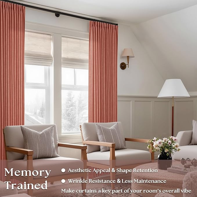 Farmhouse Terracotta Linen Curtains 102 Inches Long for Living Room Pinch Pleated Drape with Hooks Rings for Track System Light Filtering 102 Inch Curtain for Bedroom Sliding Patio Door 2 Panels