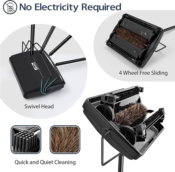 JEHONN Carpet Floor Sweeper Manual with Horsehair, Non Electric Quite Rug Roller Brush Push for Cleaning Pet Hair, Loose Debris, Lint (Black)