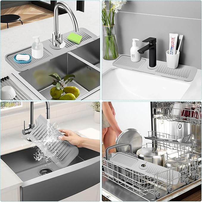 24"Longer Silicone Faucet Mat for Kitchen Sink,5° Slope Faucets Draining Mat Bathroom Sink Splash Guard Mat Kitchen Sink Splash Guard Accessories(Grey 24.0" x 5.5"）