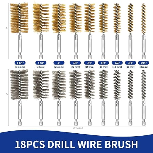 18Pcs Bore Brush for Drill,Stainless Steel Wire Wire Brush Drill Attachments with 1/4" Hex Shank for Cleaning Rust Engine Pipe Metal