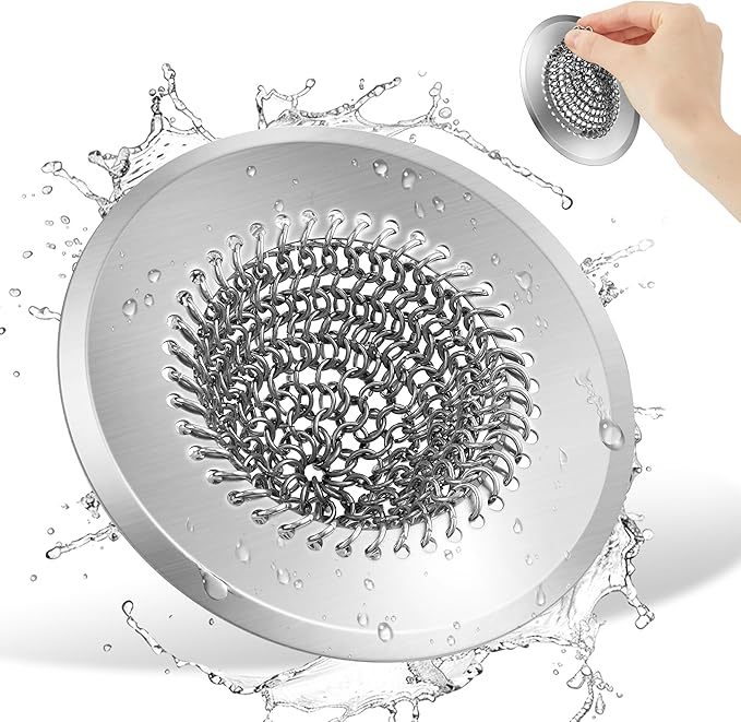 2 Pack Chainlink Kitchen Sink Drain Strainer 4.4 Inch - 304 Stainless Steel Wide Rim Sink Strainer, Chainmail Sink Filter, Fits Most US Kitchen Sinks