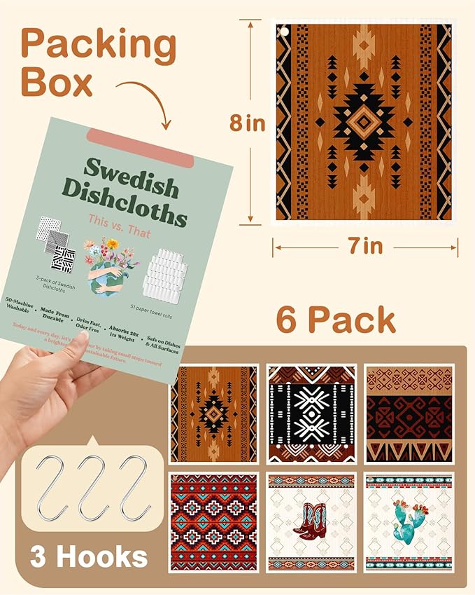 Miss Adola Kitchen Swedish Dishcloths with Hooks - 6 Pack Reusable Dish Cloths for Washing Dishes Fast Drying Cute Fun Swedish Dish Towels Washable Cleaning Sponge, Brown Cowboy