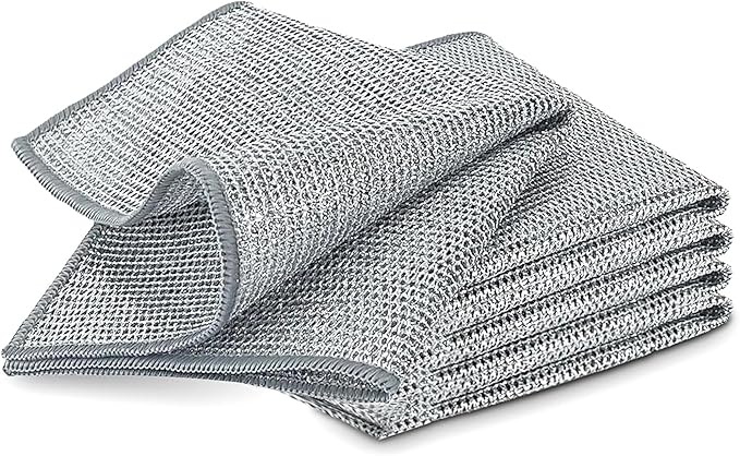 5 PCS Double Layer Stainless Steel Cleaning Cloth Non Scratch Steel Mesh Dishwashing Cloths 20x20 cm Quick Dry Two Layer Metallic Wire Dish Cleaning Rag Towel for Kitchen Dish Sink Stove Top
