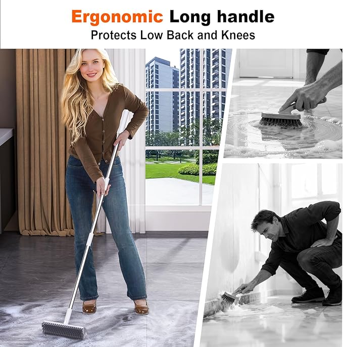 Grout Brush with Long Handle, Heavy-Duty Tile and Shower Floor Scrub Brush Stiff, Professional Grout Cleaner for Bathroom, Kitchen, Floor, Tile Brush Concrete Surfaces