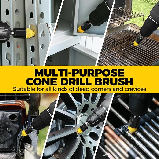 Holikme 9Pack Drill Brush ，All Purpose Drill Brush with Extend Attachment for Bathroom Surfaces, Grout, Floor, Tub, Shower, Tile, Kitchen and Car，Corner,Masonry Brushes，Yellow
