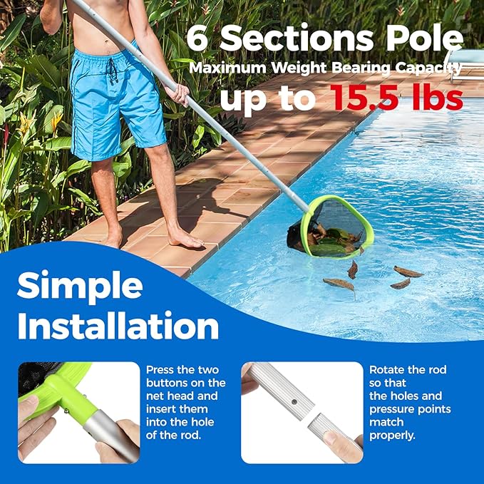 Mowend 【Upgrade】 Pool Net Total Length 6 Feet, Swimming Pool Skimmer Net with 6 Section Telescopic Aluminum Pole for Fast Cleaning Ponds, Hot Tub, and Spas, Pool Cleaner Supplies and Accessories