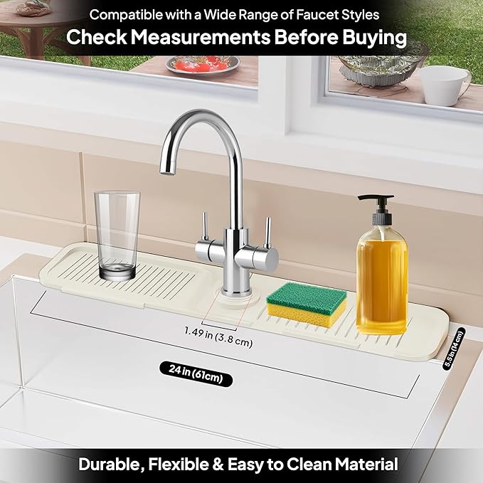 24 Inch Silicone Faucet Mat for Kitchen Sink Splash Guard & Draining Tray Sink Protector with Soap & Sponge Holder White (Purest Peak)