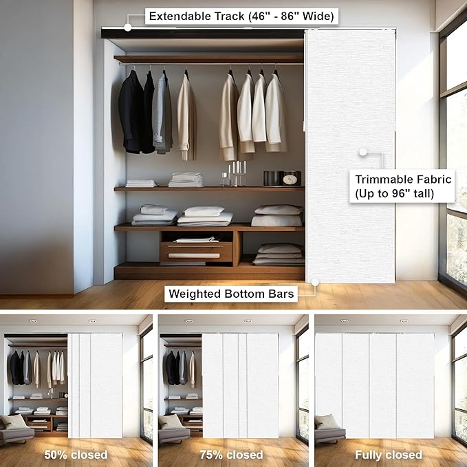 CHICOLOGY Panel Track Blinds for Sliding Glass Doors, 4 Panel Sliding Panels, Adjustable Track 46-86" W, Trimmable Height Up to 96" H, Light Filtering Privacy Room Divider, Chalk White