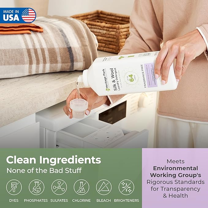Heritage Park Silk & Wool Fragrance Free, Hypoallergenic, pH-Neutral Laundry Detergent - Dermatologist-tested, Sensitive Skin-Friendly, Enzyme-Free, Concentrated Up to 64 loads (32 fl oz)
